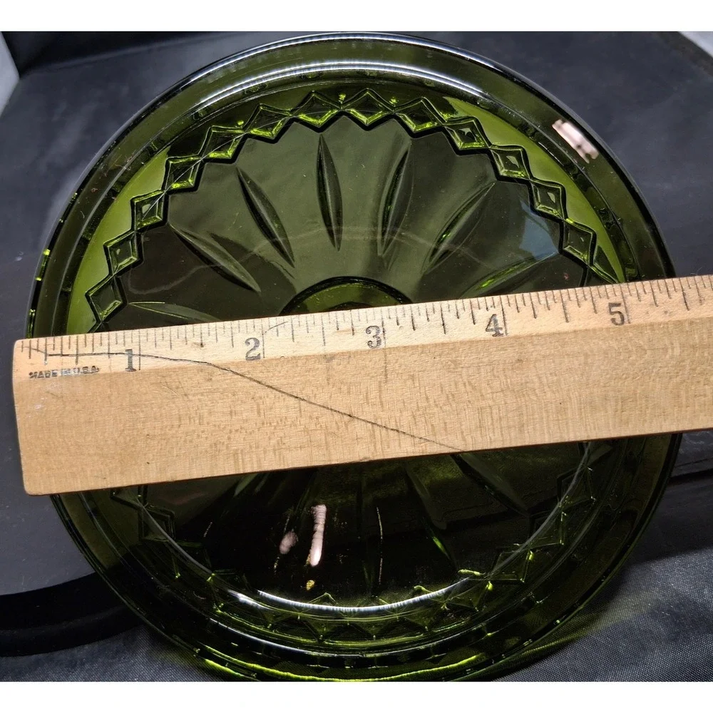 Vintage Olive Green Pressed Glass Candy Dish Lid Diamond Point Thumbprint Jar